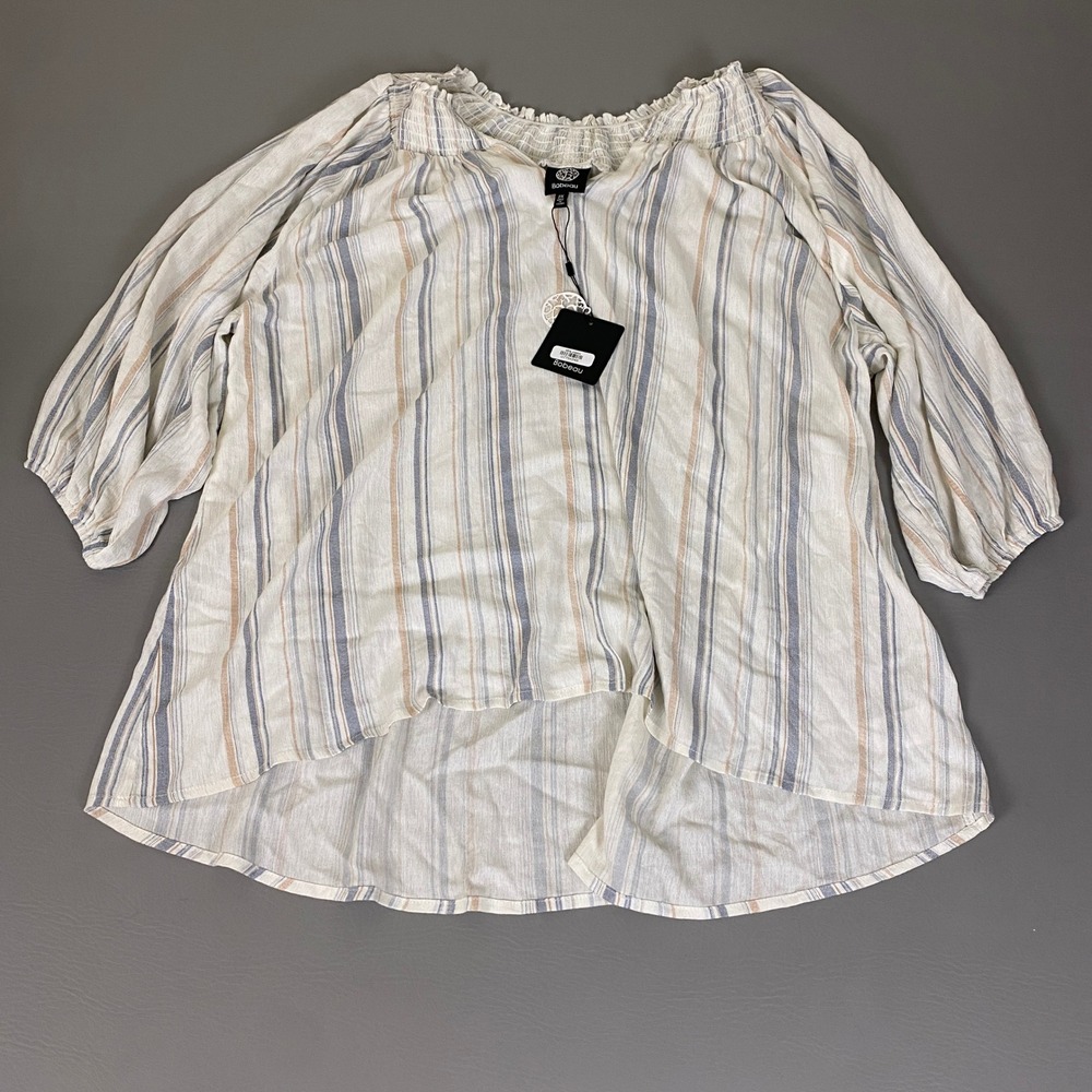 Bobeau Blouse Plus Size 2X Ivory Blue Striped Smocked Off Shoulder Rayon New NWT